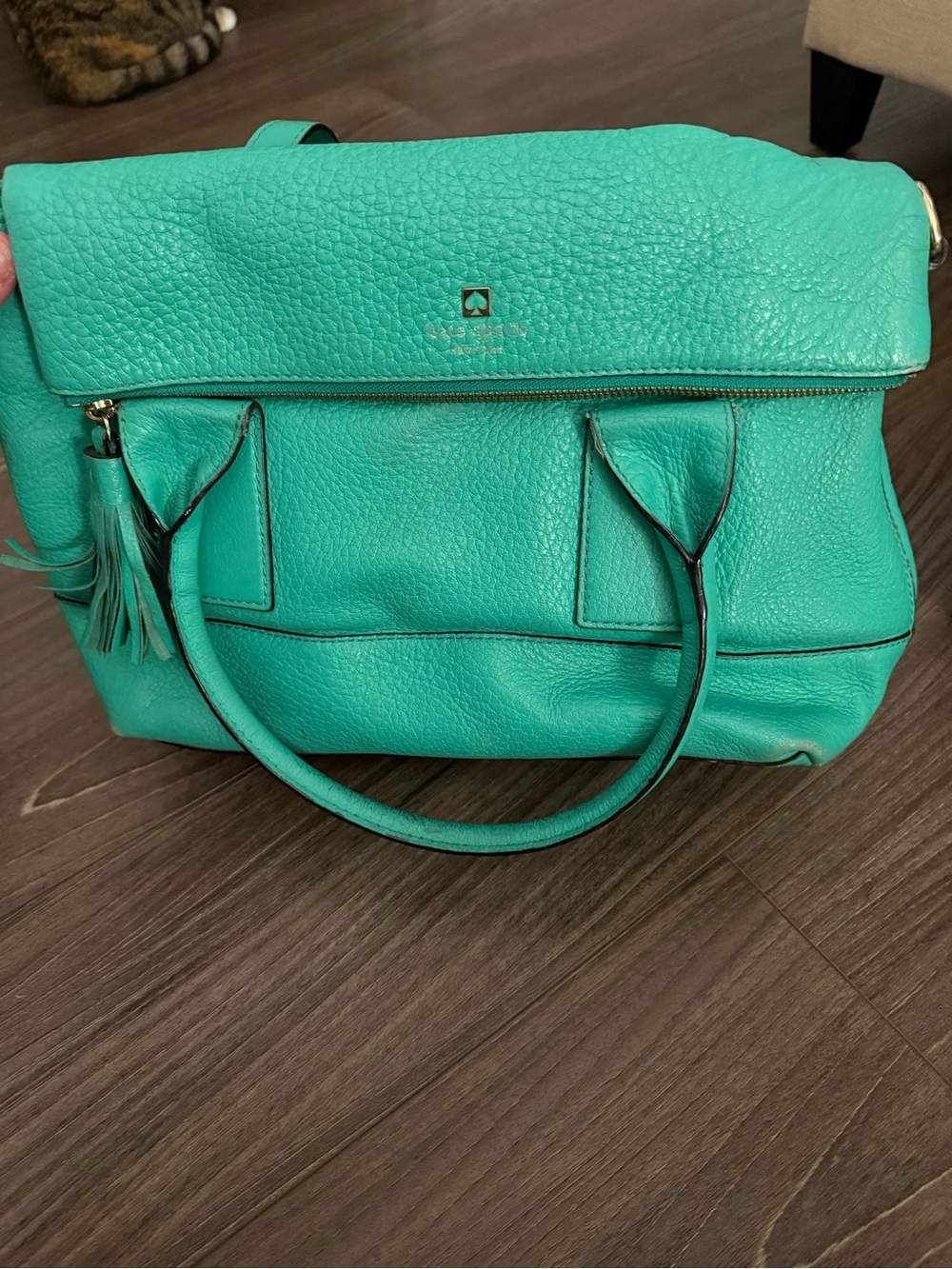 kate spade emerald turquoise pebbled leather satchel with tassel